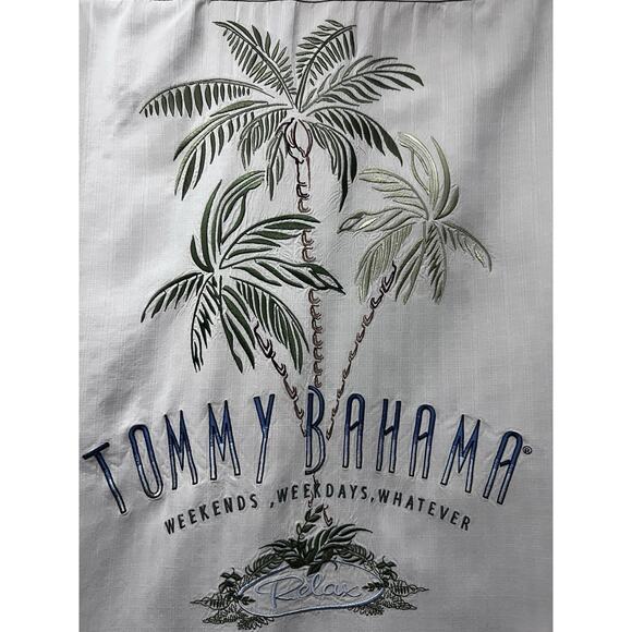 Tommy Bahama Mens Vintage Beige Embroidered Silk Button Up Shirt Medium Pocket - Picture 4 of 10